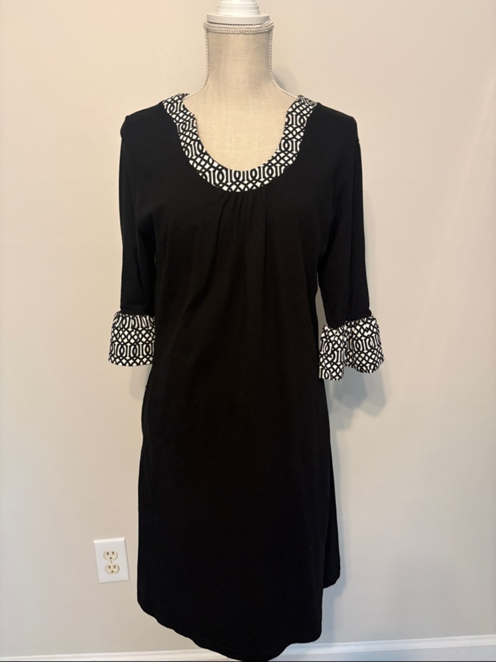 Tracy Negoshian Black Dress with White Geometric Trim